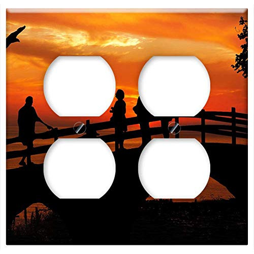 Double Duplex Outlet Wall Plate Cover - Sunset People Bird Watching Bridge Silhouette