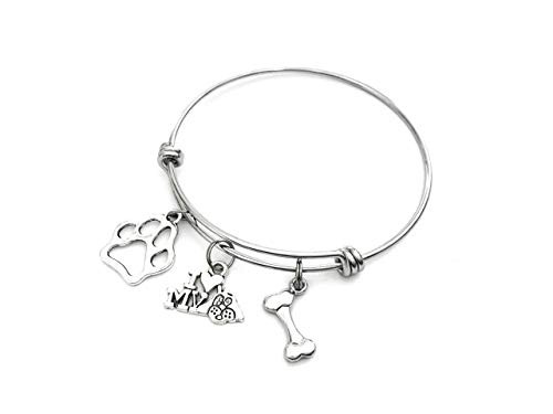 Dog Lover charm bracelet gift. Includes Pawprint  I Love my Dog  and Dogbone charms. New Puppy Gift. I love my Dog Expandable Bangle. Canine Gift.
