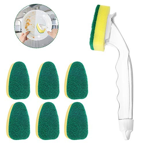 Dishwashing Wand Sponge-LIUMY Kitchen Scrubber Sponge with 7 Refill Heads Estropajo 1 Long-Handled Dish Wand for Washing Bowl Pot and Sink Dishwashing Wand Sponge-LIUMY Kitchen Scrubber Sponge with 7 Refill Heads Estropajo 1 Long-Handled Dish Wand for Washing Bowl Pot and Sink