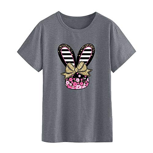 Hotkey Womens Short Sleeve Tops  Easter Solid O-Neck Plus Size T Shirts Blouse Easter Bunny Print Tee Top Shirts Dark Gray