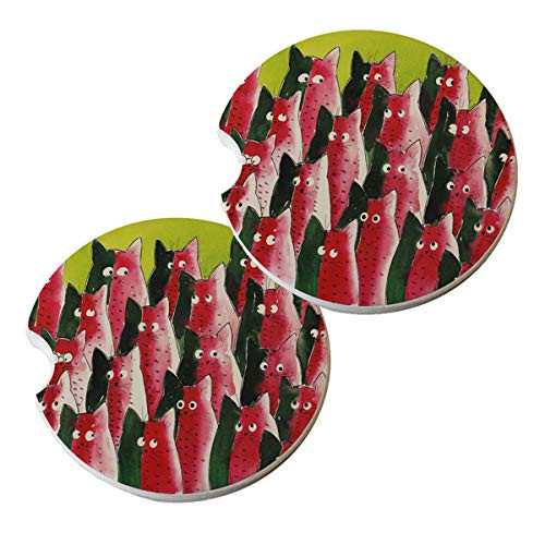 Sunshine Cases Car Coasters Round Natural Absorbent Stone - Watermelon Kitties Cat Art by Denise Every