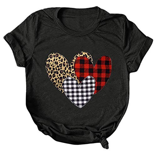 Hotkey Short Sleeve Shirts for Women  Valentine s Day Fashion O-Neck Tops Heart Printed Solid Plus Size T Shirts Top Black