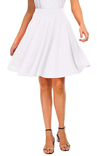 EXCHIC Womens Basic Skirt A-Line Midi Dress Casual Stretchy Skater Skirt  S  White