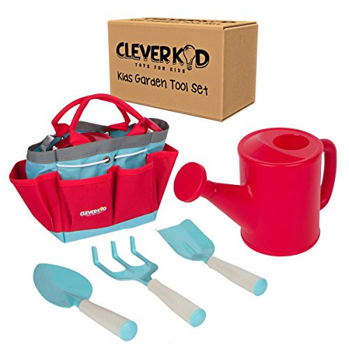 Clever Kid Toys Kids Gardening set Includes Sturdy Tote Bag, Watering Can, Shovel, Rake, and Trowel - Kids Garden Tools