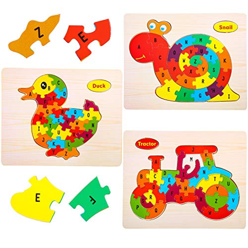 3 Pieces Alphabet Jigsaw Puzzles Wooden Animal Puzzles Building Blocks Animal Wooden Puzzle Wooden Letters Block Toys Montessori Educational Toys for Girls and Boys  Duck  Snail  Tractor