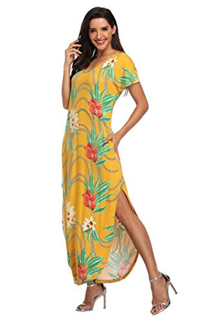 Women s Floral Maxi Dresses Short Sleeve Summer Beach Dress Casual Loose V Neck Side Split Long Dress with Pockets  Yellow Flower Plus Size