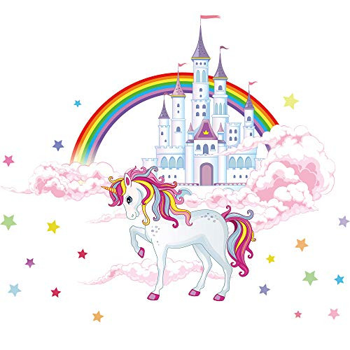 Colorful Unicorn Wall Stickers Unicorn Wall Decals with Rainbow White Castle DIY Removable Pink Clouds Stars Wall Art Decor for Kids Boys Girls Bedroom Nursery Bedroom Party Home Decoration  C102
