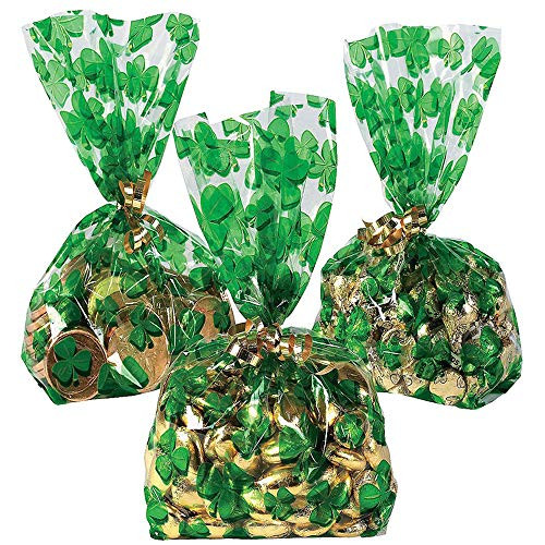100PCS St Patrick s Day Shamrock Cellophane Bags Party Favors - Saint Patrick s Day Lucky Shamrock Clover Cellophane Bags for Irish Party Decorations Supplies