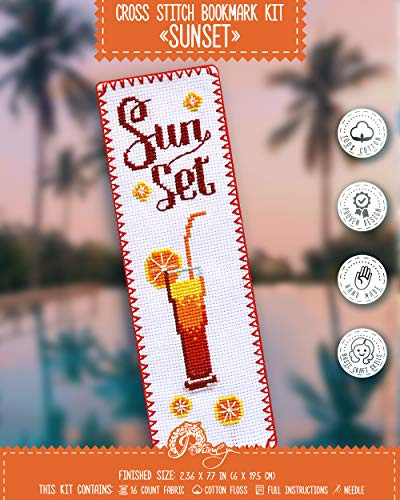 Counted Cross Stitch Bookmark Kit Sunset - Embroidery DIY Set for a Cocktail Recipe Book
