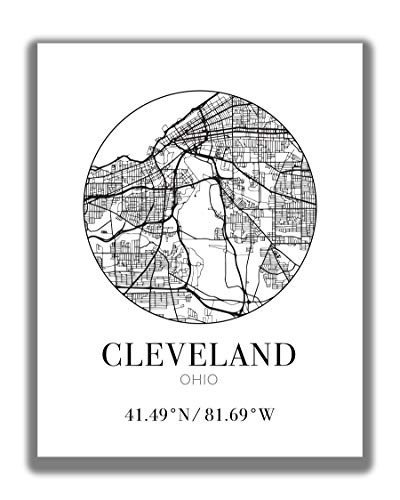 Cleveland OH City Street Map Wall Art - 11x14 Modern Abstract Black  and  White Aerial View Decor Print with Coordinates. Makes a great Cleveland -Themed Gift.