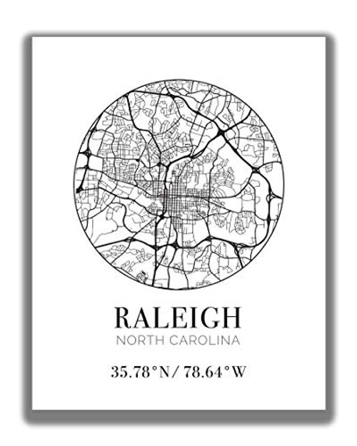 Raleigh NC City Street Map Wall Art - 11x14 UNFRAMED Modern Abstract Black  and  White Aerial View Decor Print with Coordinates. Makes a great Raleigh-Themed Gift.