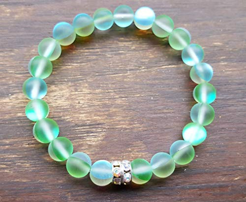 Green Mermaid Glass Iridescent Stretch Bracelet with Czech Crystal Rhinestone Beads Green Mermaid Glass Iridescent Stretch Bracelet with Czech Crystal Rhinestone Beads