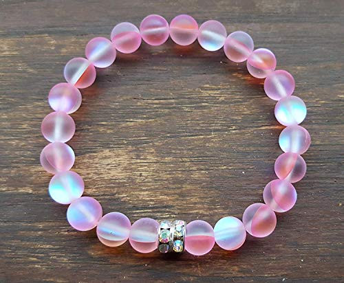 Pink Mermaid Glass Iridescent Stretch Bracelet with Czech Crystal Rhinestone Beads
