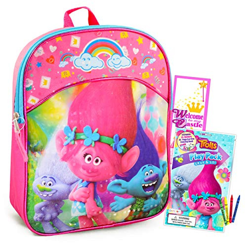 Trolls Mini Backpack for Girls ~ 11 inch Poppy Trolls School Bag for Toddlers Preschoolers Kindergarten with Stickers  Door Hanger and More  Trolls School Supplies Bundle