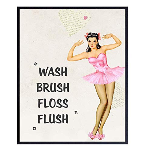 Wash Brush Floss Flush Sign - Vintage Bathroom Wall Art Decoration - Cute Unique Gift or Bathroom Decor for Women - Pink 1950s Pinup for Powder Room  Guest Bath  Restroom - UNFRAMED Retro Poster Print