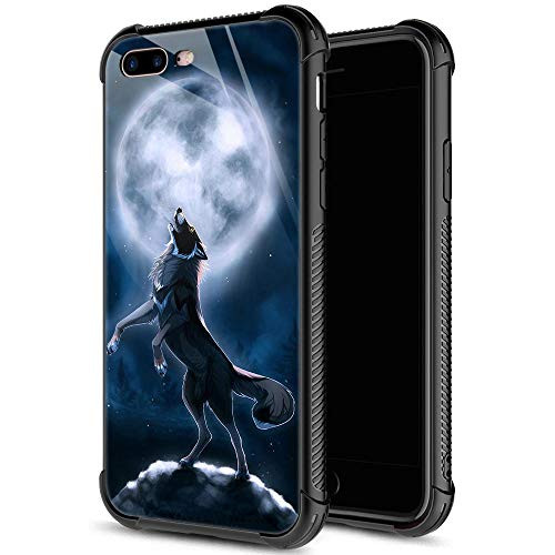 iPhone 8 Plus Case 9H Tempered Glass iPhone 7 Plus Cases Wolf and Moon Pattern for Men Boys Soft Silicone TPU Bumper Case for iPhone 7 8 Plus inch 5.5 Wolf and Moon