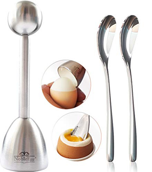 NobleEgg Egg Topper Cutter Cracker   Easily Cut and Remove the Top of Soft-Boiled Eggs   Includes 2 egg spoons