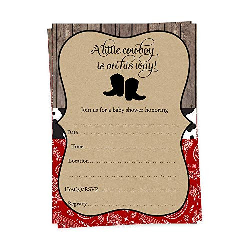 Cowboy Baby Shower Fill in The Blank Invitations Boots and Bandanas Boys Its a Boy Theme Invites Red Black Country Barn Paisley Cowprint Printed Cards  15 Count