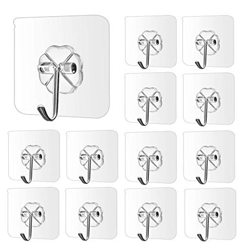 Utility Wall Hooks Heavy Duty Self Adhesive Transparent Reusable Hooks Seamless Ultra Strong Waterproof and Oilproof Hooks 17lb Max  Bathroom Kitchen Bedroom Living Room Holiday Decorations 12 Pack
