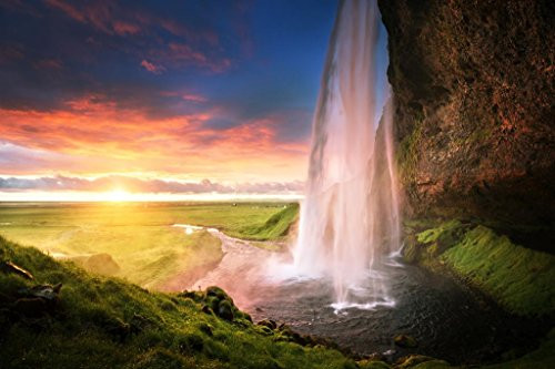 Seljalandsfoss Waterfall at Sunset Iceland Photo Cool Wall Decor Art Print Poster 24x36