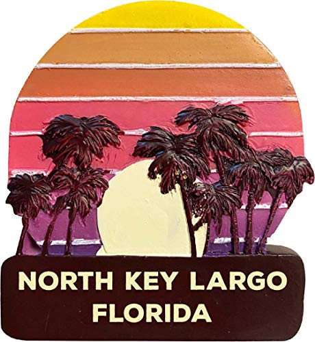 North Key Largo Florida Trendy Souvenir Hand Painted Resin Refrigerator Magnet Sunset and Palm Trees Design 3-Inch Approximately