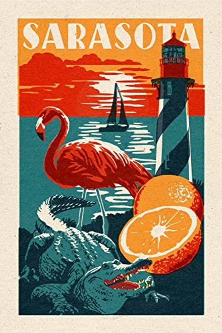Sarasota  Florida - Woodblock  9x12 Art Print  Wall Decor Travel Poster Sarasota  Florida - Woodblock  9x12 Art Print  Wall Decor Travel Poster