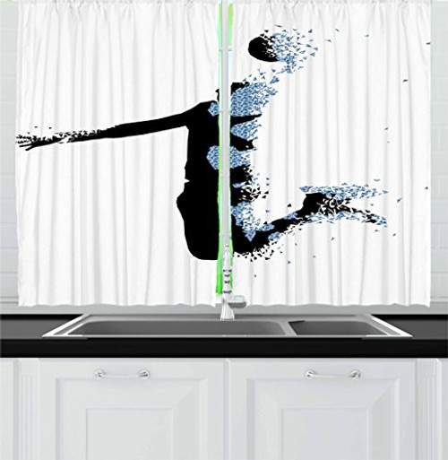 Ambesonne Teen Room Decor Kitchen Curtains, Modern Stylized Basketball Player in Fractal Pattern Artistic Design, Window Drapes 2 Panel Set for Kitchen Cafe, 55 W X 39 L Inches, Black Light Blue