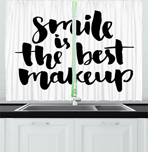 Lifestyle Decor Kitchen Curtains by Ambesonne, Smile is the Best Makeup Inspirational Quote Handwritten Daily Motivations Design, Window Drapes 2 Panels Set for Kitchen Cafe, 55 W X 39 L Inches, Black