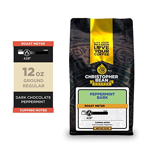Christopher Bean Coffee - Dark Chocolate Peppermint Bark Flavored Coffee   Regular Ground  100 percent Arabica  No Sugar  No Fats  Made with Non-GMO Flavorings  12-Ounce Bag of Regular Ground Coffee