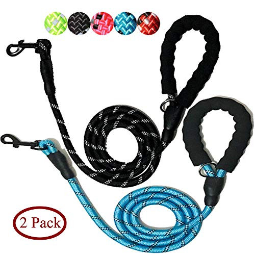 Woonsoon 2 Pack 5 FT Strong Dog Leash with Comfortable Padded Handle and Highly Reflective Threads Dog Leashes for Medium and Large Dogs  Black plusBlue