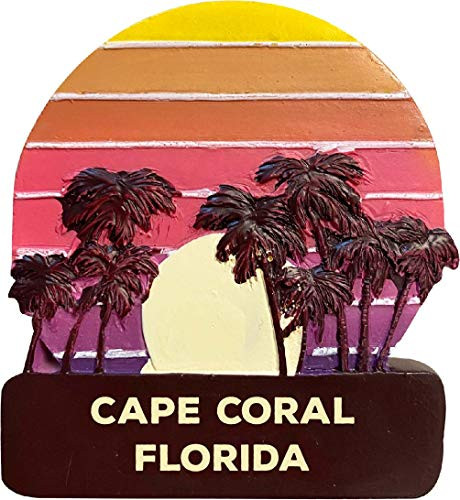 Cape Coral Florida Trendy Souvenir Hand Painted Resin Refrigerator Magnet Sunset and Palm Trees Design 3-Inch Approximately