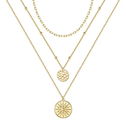 Turandoss Gold Sun Medallion Layered Necklace - Dainty Necklace Engraved Sun Disc Necklace Gold Dainty Handmade Hammered Coin Layered Necklaces for Women