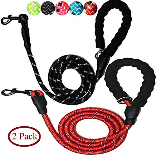Woonsoon 2 Pack 5 FT Strong Dog Leash with Comfortable Padded Handle and Highly Reflective Threads Dog Leashes for Medium and Large Dogs  Black plusRed