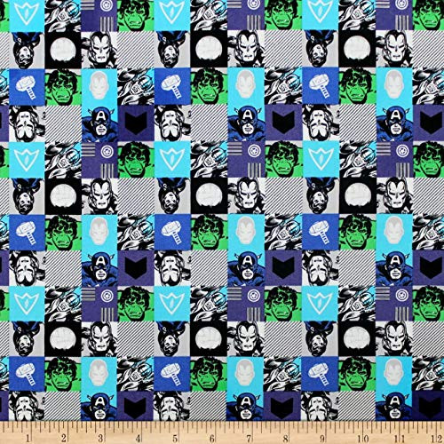 Marvel Comics Retro Avengers Unite Blocks Blue Premium Quality 100 percent Cotton Fabric by 1 2 of a Yard.