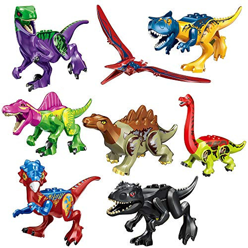 8pcs Dinos Toy Buildable Dinosaur Building Blocks Figures with Movable Jaws Including T Rex  Velociraptor Pterosauria  etc