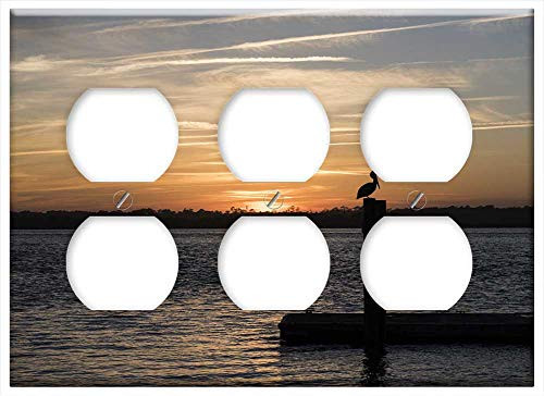 Triple Duplex Outlet Wall Plate Cover - Sunset Water Dawn Sea Silhouetted Beach Seascape