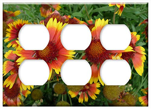Triple Duplex Outlet Wall Plate Cover - Sun Hat Flower Red Blossoming Wreath Yellow