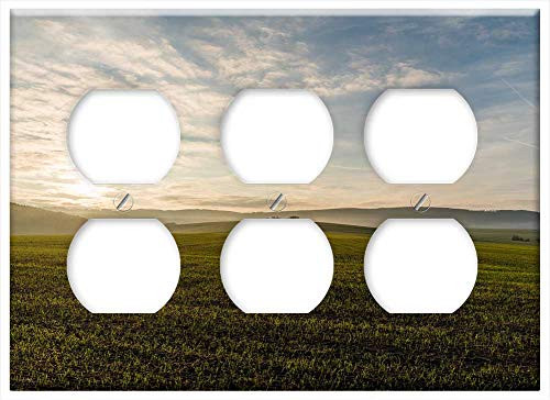 Triple Duplex Outlet Wall Plate Cover - Landscape Spacious Field Meadow Sunset Sky
