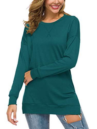 GSVIBK Womens Fall Loose Pullover Tunics Long Sleeve Side Split Tunics Casual Soft Blouse Tunic Green 226 XL