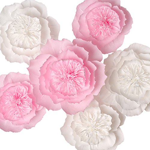 Paper Flower Decorations, Giant Paper Flowers, Large Crepe Paper Flowers, Pink and White Handcrafted Flowers (Set of 6) for Wedding Backdrop, Nursery Wall Decoration, Bridal Shower Decor, Baby Shower