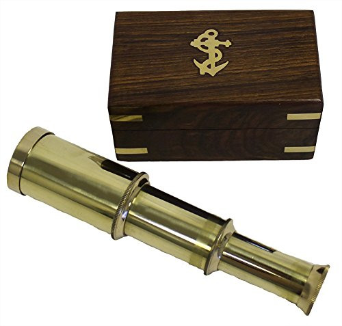 6" Solid Brass Handheld Telescope - Nautical Pirate Spy Glass with Wood Box