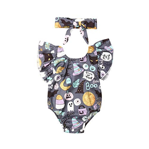 Infant Baby Girl Halloween Clothes Halter Pumpkin Halloween Romper Backless Jumpsuit Bodysuit Outfit with Headband  Grey  0-3 Months