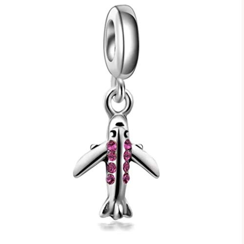 Silver Plate Travel Plane with Crystal Rhinestones on Charm for European or Pandora Style Bracelet or Necklaces