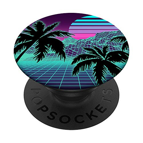 Retro 80s Vaporwave Sunset Sunrise With Outrun style grid PopSockets PopGrip  Swappable Grip for Phones  and  Tablets