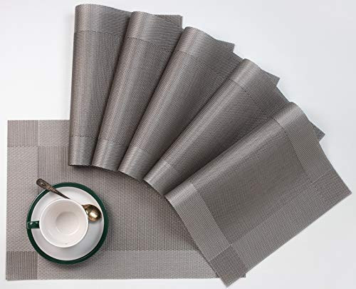 TableArt Placemats for Kitchin and Dining Table Set of 6 Grey Woven Vinyl Non-Slip Insulation Placemats Washable Heat-Resistant Table Mats for Dining Table PVC Place Mats