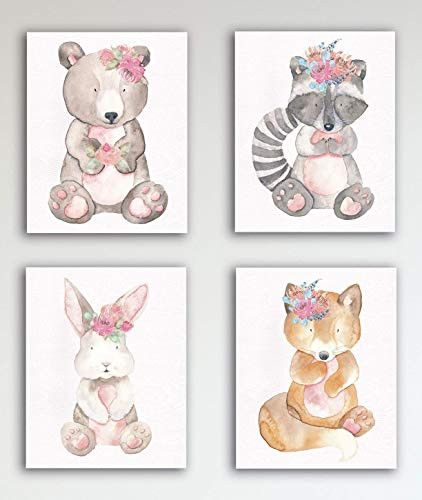 Woodland Animals Nursery Wall Art Prints  Set of 4  - Unframed - 8x10s- Raccoon - Fox - -Bear - Bunny Rabbit Girls Room Decor
