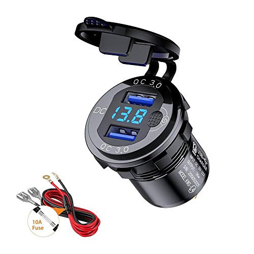 Thlevel Quick Charge 3.0 Dual USB Outlet  12V 24V USB Car Charger with On Off Switch and LED Digital Voltmeter Waterproof Car Socket for Marine  Boat  Motorcycle  Truck and More  Black