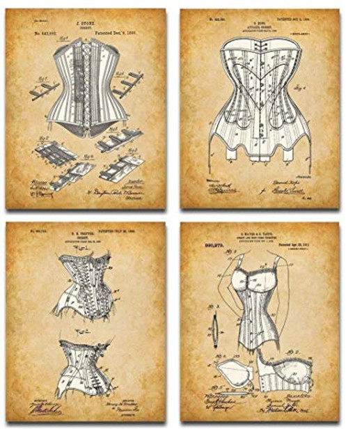 Original Corsets Patent Art Prints - Set of Four Photos  8x10  Unframed - Makes a Great Gift Under 20 for Goth  Pinup  Renaissance Fans or Bathroom Decor