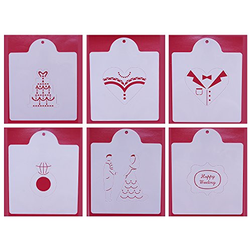 Wedding Cookie Stencil Set - Set of 6 - Bridegroom Bride Bouquet Flower Diamond Ring Plaque Frame Wedding Cake and Heart - White semi-transparent Wedding Cookie Stencil Set - Set of 6 - Bridegroom Bride Bouquet Flower Diamond Ring Plaque Frame Wedding Cake and Heart - White semi-transparent