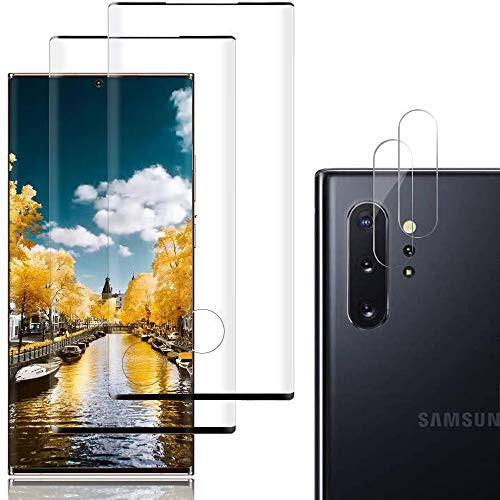 2 plus2 Pack Galaxy Note 10 Plus Screen Protector plus Camera Lens Protector  9H Hardness Ultra-Clear Fingerprint Unlock 3D Curved Tempered Glass Film Compatible  for Samsung Galaxy Note 10 Plus Note 10 plus